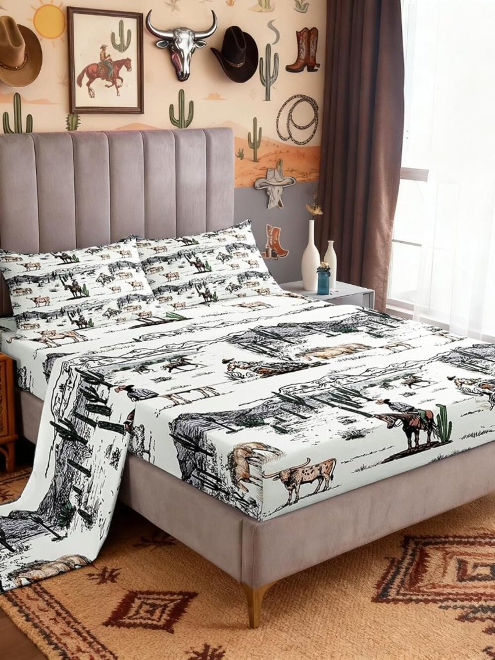 Western Cowboy Sheet Set Queen Size,Vintage Southwest Style Bed Sheets Desert Ca